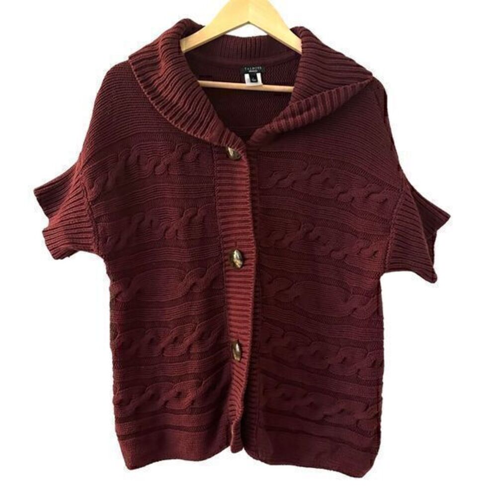 Talbots Burgundy Short Sleeve Chunky Cotton Cable Knit Button Sweater Size L